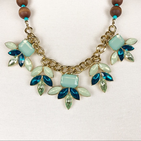 Teal Mint Wood Beaded Gold Chain Statement Necklace Boho Coastal Chic Vacation - Picture 2 of 3